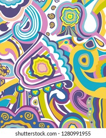 Vector illustration with flowers. Beautiful colored flowers. Flowers and plants on a bright background. Stylized composition. Simple shapes. Linear forms. Different colors. Flower composition.