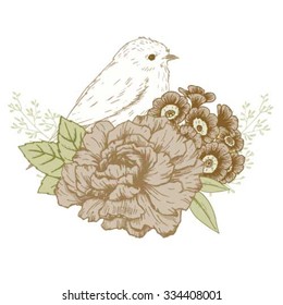 vector illustration of flowers and a bird vintage card, peony flower, primrose, monochrome