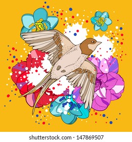 Vector illustration of flowers and birds background