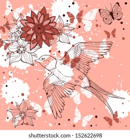 Vector illustration of flowers and birds background