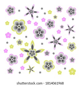 Ilustración vectorial de flores en blanco y negro con un contorno multicolor.
