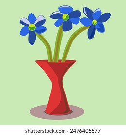 Vector illustration of flowers with blue flowers and green stem in red vase. Flowers in a vase, illustration, room decoration, summer, spring.