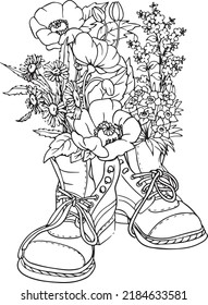 Vector illustration of flowers in boots for coloring books for children and adults. Elegant hand-drawn illustration