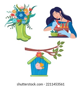 Vector illustration flowers boots with flowers, woman planting flowers in a pot, birdhouse with cute pink bird hanging on a tree branch