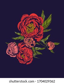 
vector illustration of flowers and buds of peonies on a dark blue background. Perfect for poster, print on a t-shirt, postcard, about floristics.