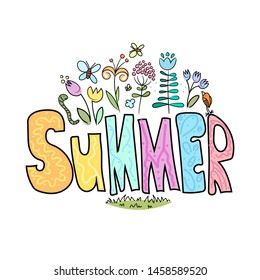 Vector illustration of flowers and butterflies. Summer design. Hand drawn lettering. Doodles. Element for design. Isolated on white background.