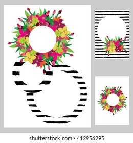 vector illustration / flowers circle design / bright tropical flowers / stripes and flowers / page layout
