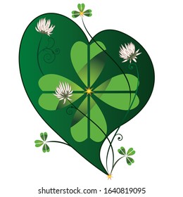 vector illustration with the flowers of clover and heart in green and pink colors