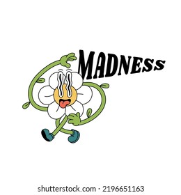 Vector illustration flowers with crazy face ìn retro style with typography quote. Groovy sticker with plant for print