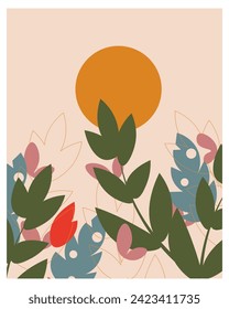 Vector illustration. Flowers in the desert, flowers and sun. Design for poster, postcard, banner, cover. Modern Art. Minimalism, boho.