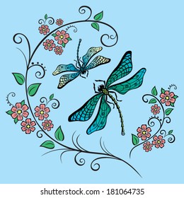 Vector illustration with flowers and dragonflies