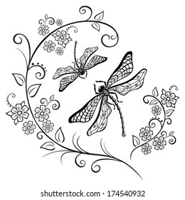 Vector illustration with flowers and dragonflies isolated on white background 