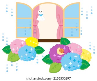 Vector illustration of hydrangea.　Windowside . Flowers during the rainy season.