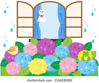 Vector illustration of hydrangea.　Windowside . Flowers during the rainy season.