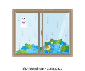 Vector illustration of hydrangea.　Windowside . Flowers during the rainy season.