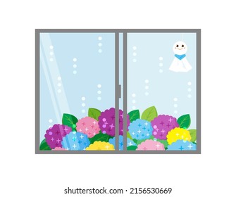 Vector illustration of hydrangea.　Windowside . Flowers during the rainy season.