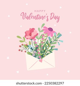 Vector illustration of flowers in an envelope. Happy Valentine's Day. The concept of love. Greeting card, poster, banner. Lovely romantic background. Flat  cartoon vector design.