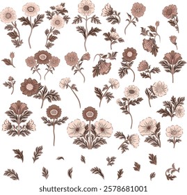 Vector illustration of flowers in folk style with a modern twist, featuring the trendy 2025 color. Elegant and artistic, perfect for prints, textiles, branding, packaging