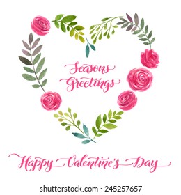 Vector illustration of flowers frame. Colorful floral heart, drawing watercolor. Calligraphic design for Valentine's Day or weddings. Spring or summer design for invitation and greeting cards