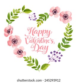 Vector illustration of flowers frame. Colorful floral heart, drawing watercolor. Calligraphic design for Valentine's Day or weddings. Spring or summer design for invitation and greeting cards