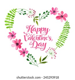 Vector illustration of flowers frame. Colorful floral heart, drawing watercolor. Calligraphic design for Valentine's Day or weddings. Spring or summer design for invitation and greeting cards