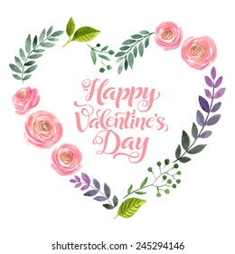 Vector illustration of flowers frame. Colorful floral heart, drawing watercolor. Calligraphic design for Valentine's Day or weddings. Spring or summer design for invitation and greeting cards