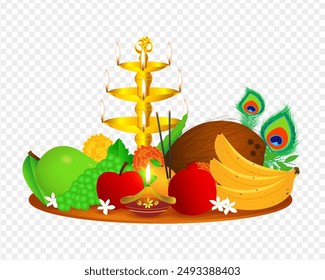 Vector illustration of flowers, fruits and diya in a plate on transparent background
