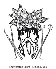 Vector illustration. Flowers grow from a tooth, dental instruments, print on t-shirt, line art style, tattoo, Handmade