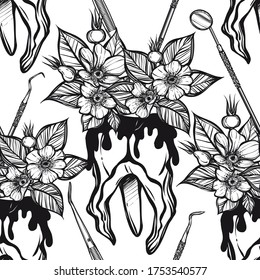 Vektorgrafik. Die Blumen wachsen aus dem Zahn, Zahninstrumente, Druck auf dem T-Shirt, Linienart, heller Hintergrund, nahtloses Muster, Handgemachte