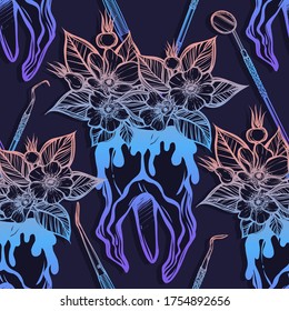 Vector illustration. Flowers grow from a tooth, dental instruments, print on t-shirt, line art style, dark background, seamless pattern, Handmade