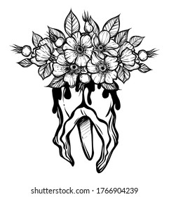 Vector illustration. Flowers grow from a tooth, print on t-shirt, line art style, tattoo, Handmade