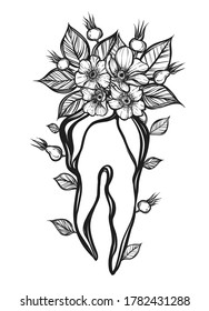 Vector illustration. Flowers grow from a tooth, print on t-shirt, line art style, Handmade, tattoo