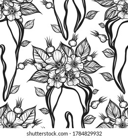 Vector illustration. Flowers grow from a tooth, print on t-shirt, line art style, Handmade, light  background, seamless pattern