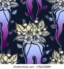 Vector illustration. Flowers grow from a tooth, print on t-shirt, line art style, Handmade, dark background, seamless pattern