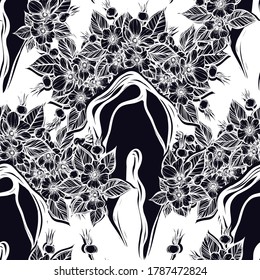 Vector illustration. Flowers grow from a tooth, print on t-shirt, light  background, seamless pattern, Handmade, line art style