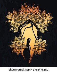 Vector illustration. Flowers grow from a tooth, print on t-shirt, background chalkboard, Handmade, line art style