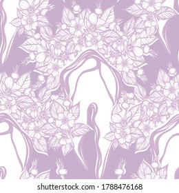 Vector illustration. Flowers grow from a tooth, print on t-shirt, purple  background, seamless pattern, Handmade, line art style