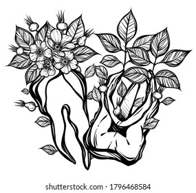 Vector illustration. Flowers grow from a tooth, print on t-shirt, tattoo, Handmade, line art style