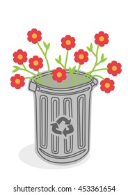 Vector illustration of flowers growing out of a recycling bin symbolizing growth