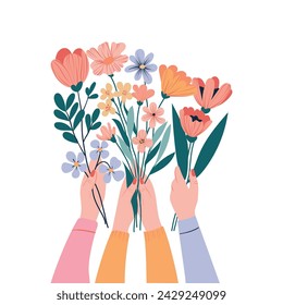 Ilustración vectorial de flores en las manos para diseño de postal, banner o redes sociales, estilo plano. Día Internacional de la Mujer