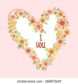Vector illustration of flowers in heart shape Valentine's day love on a pink background.