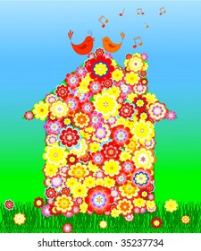 vector illustration of Flowers house with singing birds
