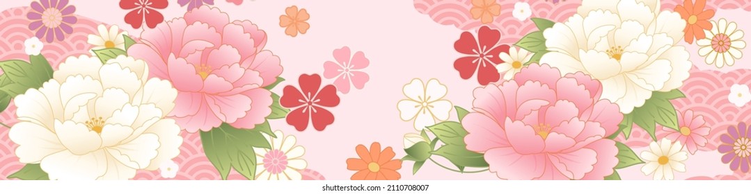 Ilustración vectorial de flores y patrones japoneses