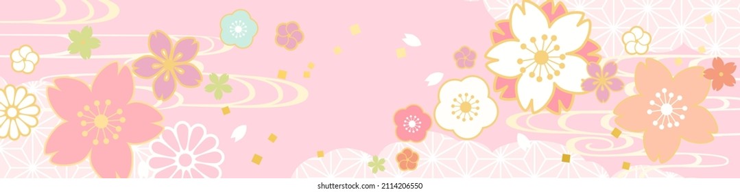 Vector illustration of flowers and Japanese patterns