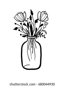 Vector illustration with flowers in jar.  Cartoon vector illustration, hand drawn, monochrome, black on white background.