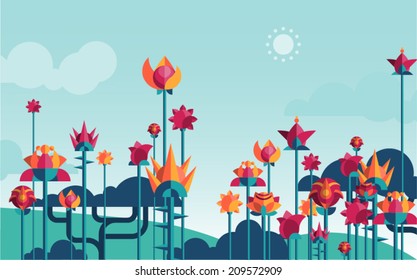 Vector illustration of flowers and landscape