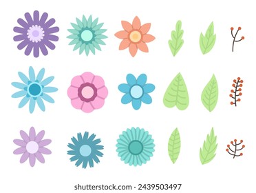 Ilustración vectorial de flores, hojas y ramas con bayas sobre un fondo blanco. Diseño moderno plano