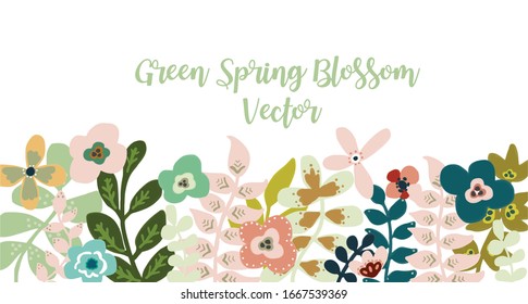Ilustración vectorial de flores y hojas sobre fondo blanco. Florencia verde de primavera y floral.