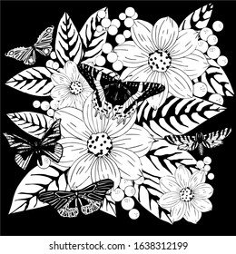 Vector illustration of flowers, leaves, plants and butterflies. Hand drawn floral composition. Blooming backdrop for spring and summertime design. Botanical sketch isolated on black.
