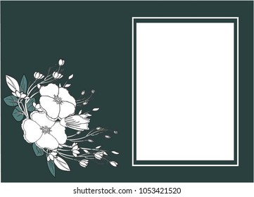Vector illustration of flowers and leaves with a space for white text on a dark green background.